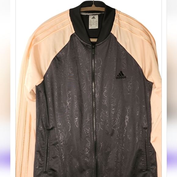 Adidas Originals Pink & Black Floral Embossed Zip Track Jacket Women Size Large - Picture 2 of 7